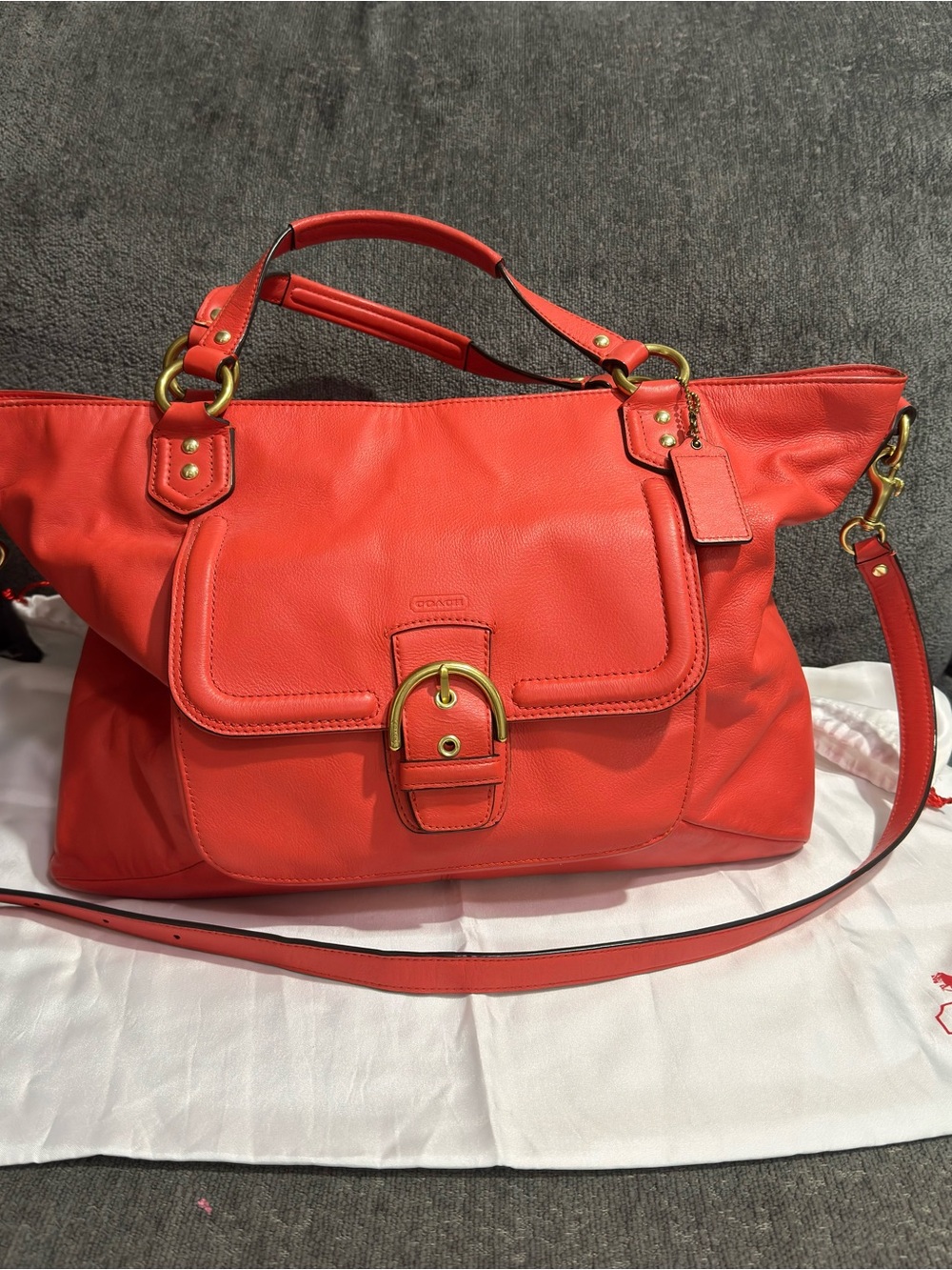 Coach Coral-Red Leather Shoulder Satchel with Gold Hardware